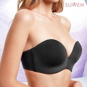 SUWEN Strapless Black Seamless Adhesive Bandeau Bra